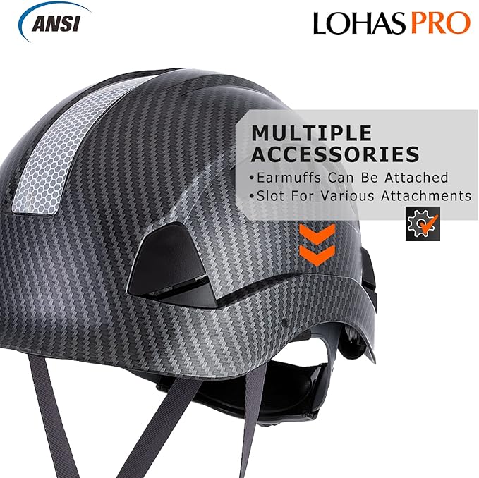 LOHASPRO Hard Hats Construction Safety Helmet ANSI Z89.1 Approved OSHA Hardhat, Vented Carbon Fiber Black Hard Hat with Chin Strap Tree Rescue Arborist Helmet(Black Graphite Pattern)