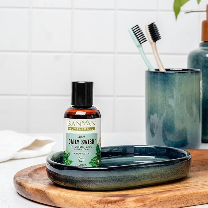 Banyan Botanicals Mint Daily Swish – Organic Ayurvedic Pulling Oil with Coconut Oil – Mouthwash for Fresh Breath and Sparkling Oral Health* – 2 oz – Non GMO Sustainably Sourced Vegan