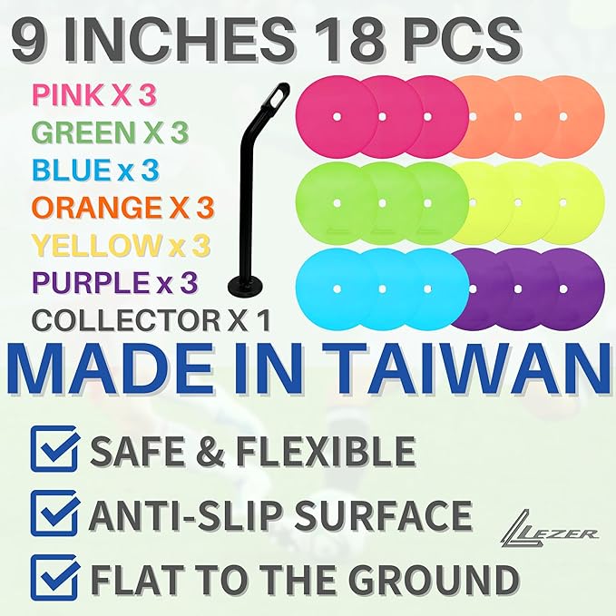 LEZER 9 Inch Flat Cones, Spot Markers, Soccer Cones, Field Court Markers, Sit Spots, Flat Discs, Soccer Training Equipment, Agility Practice, Football, Made in Taiwan