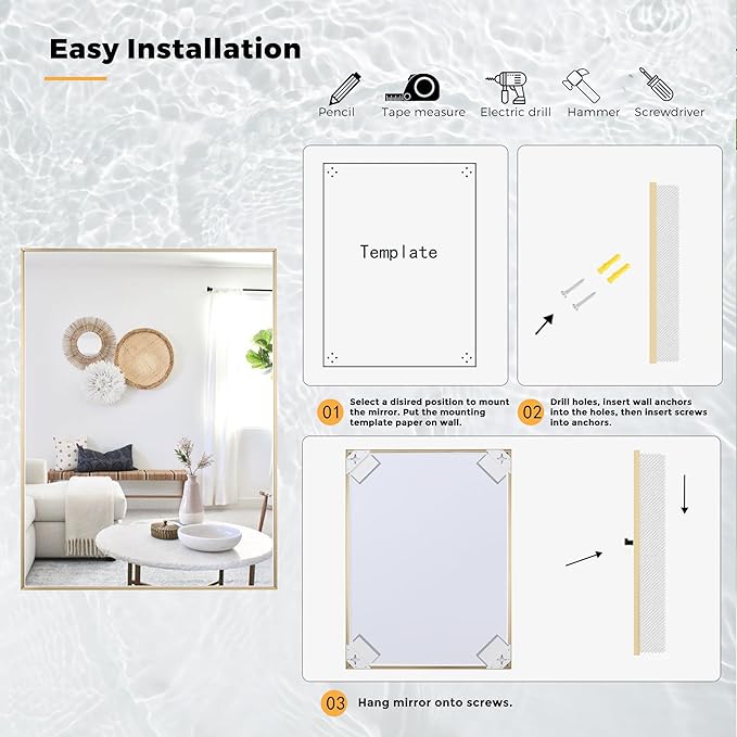 30x30 Inch Brass Bathroom Mirror for Wall, Aluminum Frame Rectangle Rectangular Vanity Mirror, Modern Large for Bedroom, Living Room, Horizontal or Vertical