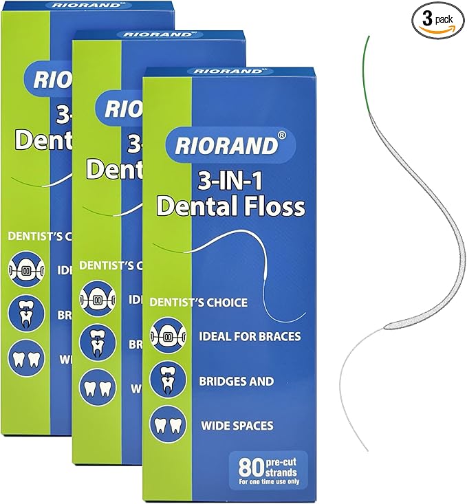 RioRand 3-in-1 Dental Floss for Braces - 80 Pre-Cut Strands with Floss Threaders | Orthodontic Floss for Effective Cleaning (Pack of 3)