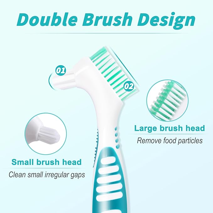 4 Pcs Denture Brush Set for False Teeth with White Carrying Case, Denture Toothbrushes with Double Sided Design, Dental Brush with Multi-Layered Soft Bristles and Rubber Anti-Slip Handle, 4 Colors
