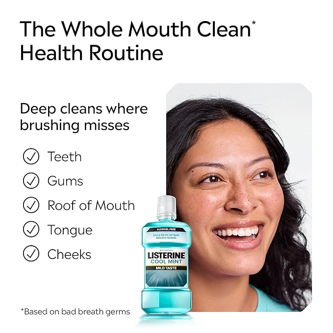 Listerine Alcohol-Free Mouthwash, Non Alcoholic Mint Oral Rinse Kills 99.9% of Germs That Cause Bad Breath for a Fresh Breath & Clean Mouth, Less Intense Taste, Cool Mint Flavor, 1 L (Pack of 2)