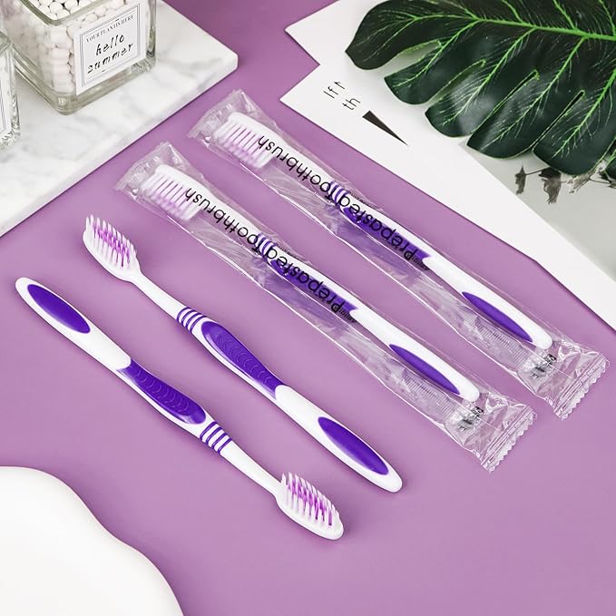 100 Prepasted Disposable Toothbrushes Individually Wrapped Pre Pasted Toothbrushes Soft Bristle Travel Tooth Brush Single Use Wrapped for Hotel, Camping, Travel and Gift for The Homeless (purple)