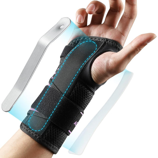 AGPTEK Carpal Tunnel Wrist Brace for Men Women, Night Sleeping Wrist Support with 2 Splints, Pain Relief Hand Brace for Arthritis Sprains Tendonitis, Adjustable Wrist Splint for Right Hand (S/M, Black & Purple)