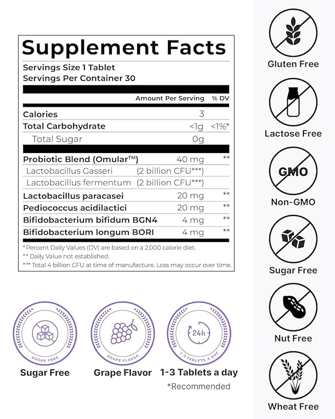 K-Nutra Dentifresh Xylitol Tabs Grape (24g, 30 Tablets) Holiday Gifts 4 Billion CFU, Sugar-Free Oral Probiotics for Teeth & Mouth, Bad Breath Gums, Safe for Bedtime, Mild Grape Flavor with OMULA