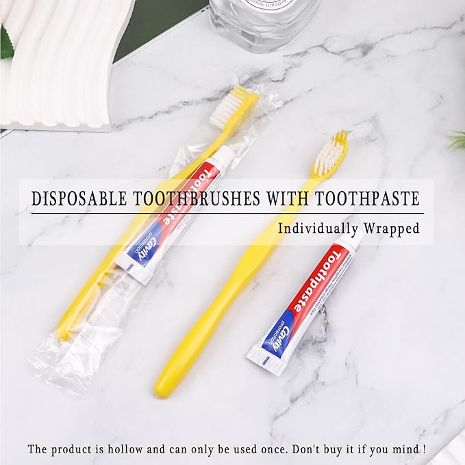 Disposable Toothbrushes with Toothpaste Pack of 100, Yellow Hollow Toothbrush with 10g Toothpaste Individually Wrapped Disposable Travel Toothbrushes Kit in Bulk for Homeless,Airbnb,Hotel,Charity