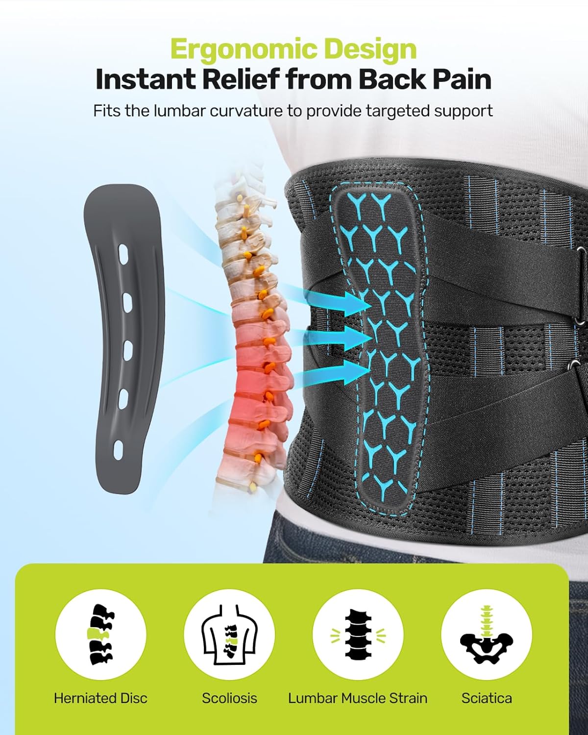 Lumbar Back Brace with Removable Pad, Adjustable Lower Back Pain Relief Support for Men and Women, Comfortable Support Belt Ideal for Lower Back Pain, Sciatica, Scoliosis, Size XL (Waist: 45.3"-51.2")