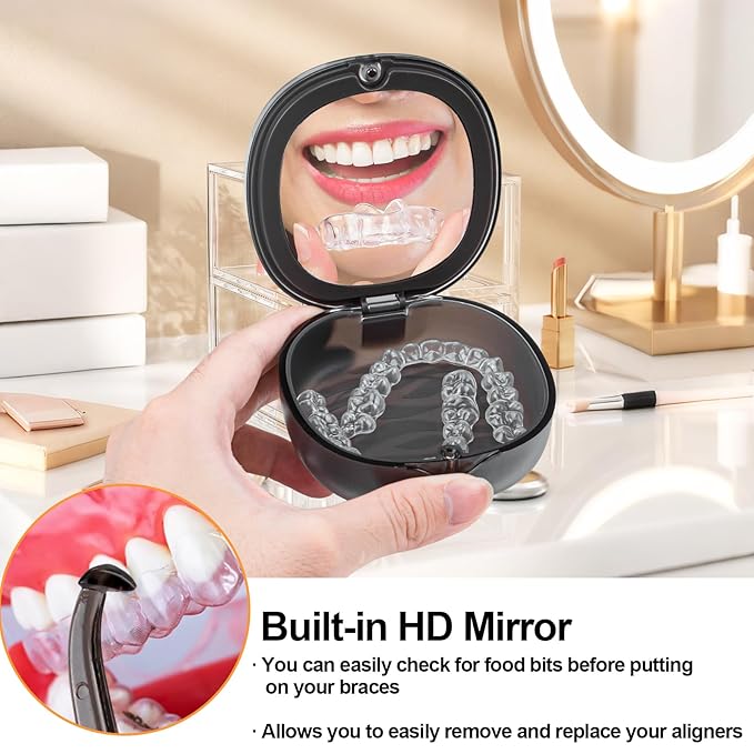 Dental Retainer Box Case Orthodontic Retainer Container with Removal Tool, Chew and Travel Brush, Double-layer Mouth Guard Holder Container Case with Mirror - Transparent Black