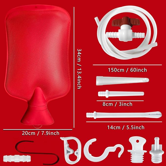 2 L Home Enema Bag Kit with 2 Enema Tips,60 inch Long Silicone Hose, Controlable Water Flow Valve, Hot-Water Bottle for Colon Cleansing Enemas (Upgraded-red)