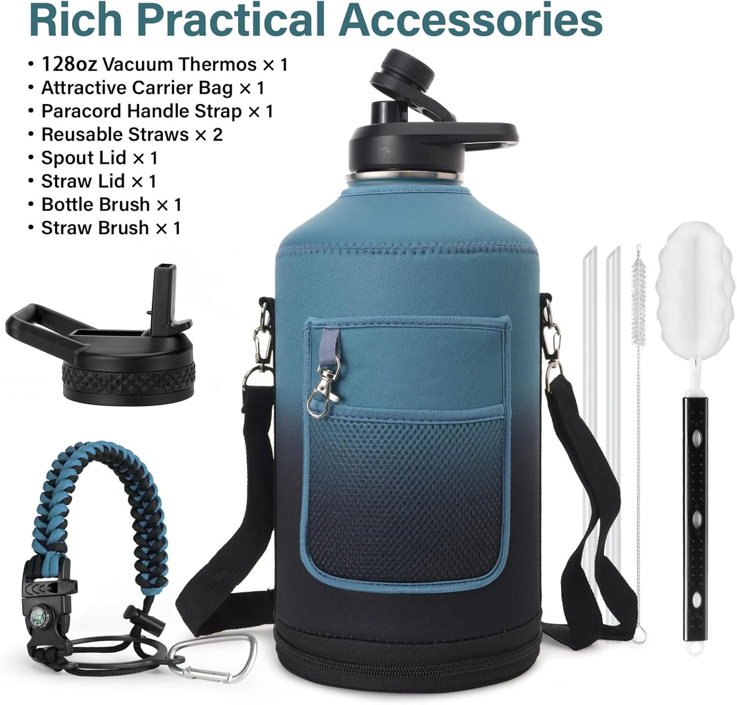 1 Gallon Water Bottle Insulated | Thickened Stainless Steel Vacuum Metal Water Jug | Portable Sports Large for Gym and Hiking with Straw, Carrier Bag, Handle Strap | BPA-Free 128 oz