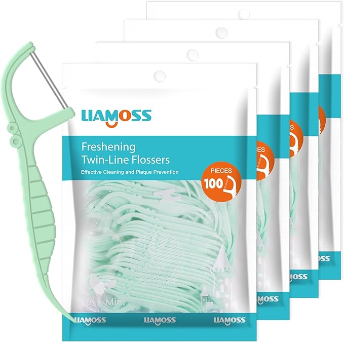 Mint Flavor 400 Count Dental Flossers,LIAMOSS Double Thread Floss Picks Thorough Cleans Teeth in One Minute,Glides Well Between Tight Teeth,Encourage Flossing Habits(Mint,4 Pack)