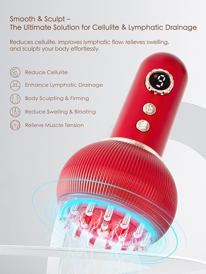 Lymphatic Drainage Massager & Anti Cellulite Massage Tool, Helps Reduce Stretch Marks & Cellulite, for Legs, Arms & Belly, Body Sculpting Machine with Microcurrent, Light, Heat & Vibration,Red