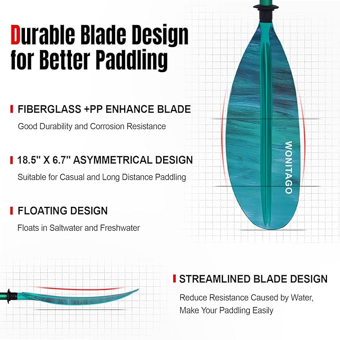Kayak Paddle with Aluminum Shaft and Reinforced PP Blade, Floating Kayak Oar for Kayaking Canoeing and Boating, 220 cm/86 inches - 230 cm/90 inches