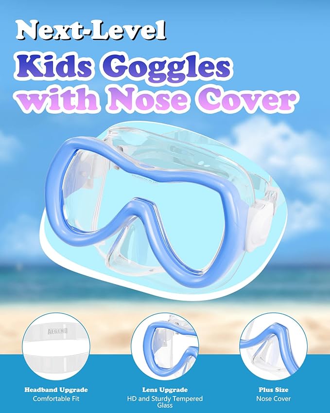 Aegend Kids Swim Mask Goggles, Tempered Glass 180° HD Wide View with Nose Cover