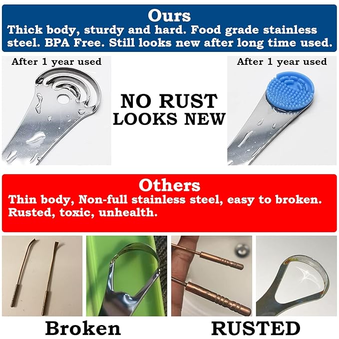 MOOSEC Tongue Scraper for Adults&Kids, Durable Food Grade 2 in 1 Silicone Tongue Brush and 100% Stainless Steel Tongue Scrapers, Reduce Bad Breath