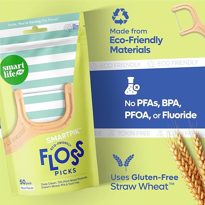 SmartLifeco Eco-Friendly Dental Floss Picks (200ct) - Flossers Made with Straw Wheat Blend, Superior Anti-Shred Thread for Tight Gaps, Tooth Pick Stick for Adults, Soft on Gum & Teeth, Vegan, Mint