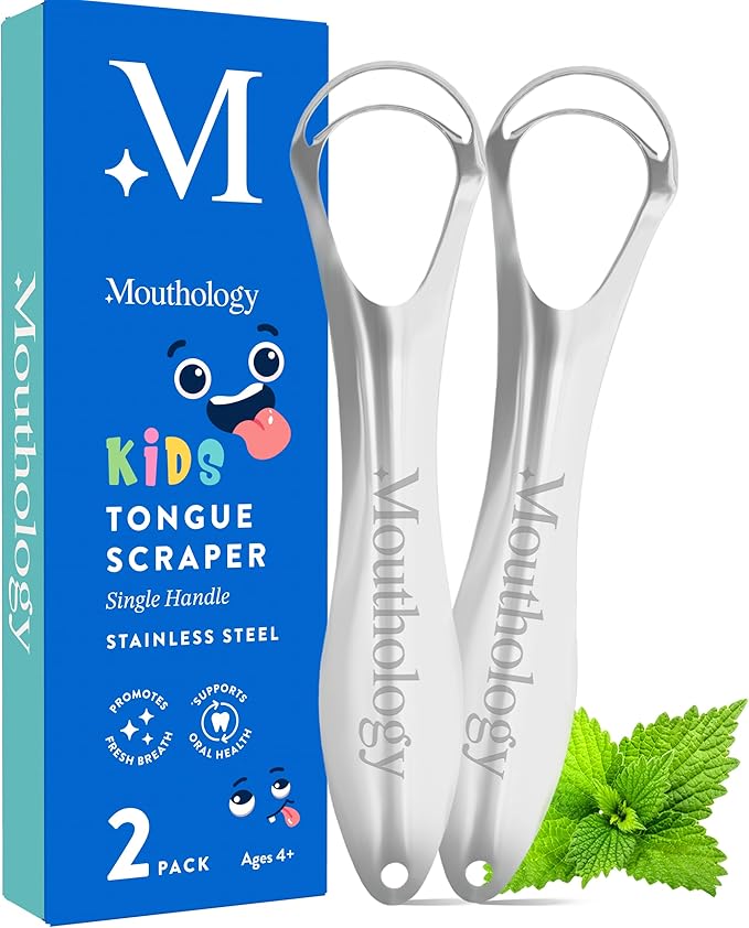 Mouthology Tongue Scraper for Kids (2 Pack), Stainless Steel Tongue Cleaner (Reduce Bad Breath), Metal Tongue Scrubber for Children, Improve Oral Health