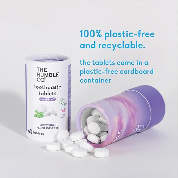 The Humble Co. Sensitive Toothpaste Tablets – Fluoride Free Toothpaste Tablets for Sensitive Teeth and Gums, Dentist Developed Formula, Vegan, SLS Free, Plastic Free (Spearmint, 3PK)