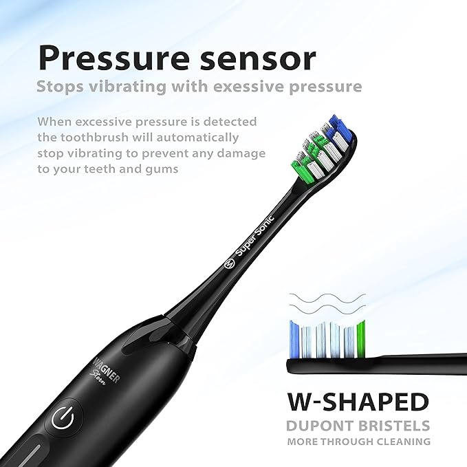 Wagner Stern Ultrasonic whitening Toothbrush with Pressure Sensor. 5 Brushing Modes and 4 Levels of Intensity, 8 Soft bristles, Travel case.