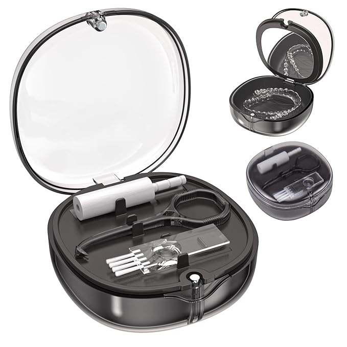 Dental Retainer Box Case Orthodontic Retainer Container with Removal Tool, Chew and Travel Brush, Double-layer Mouth Guard Holder Container Case with Mirror - Transparent Black