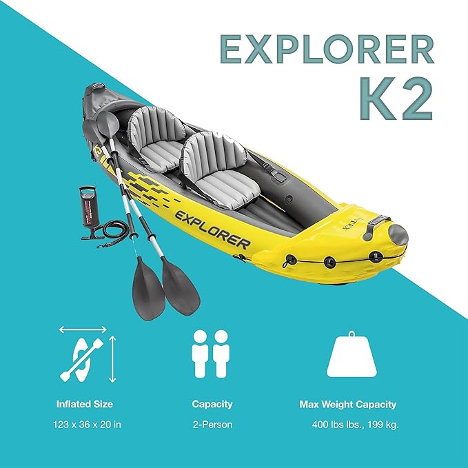 Intex 68307EP Explorer K2 Inflatable Kayak Set: Includes Deluxe 86in Aluminum Oars and High-Output Pump – SuperStrong PVC – Adjustable Seats with Backrest – 2-Person – 400lb Weight Capacity