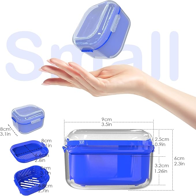 ARGOMAX Denture Case, Denture Cup for Soaking Dentures, Thorough Cleaning of Dentures, Retainer, Clear Braces (Clear Case + Dark Blue Filter and Tray).