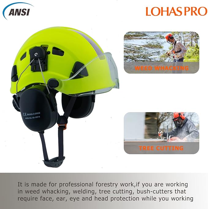LOHASPRO Arborist Forestry Helmet Safety Hard Hat with Visor and Ear Muffs for Tree Service Logging Cutting Wood Chainsaw Helmet Garden Work Trimming Mowing(P91 Lime+Clear Visor+Earmuff)