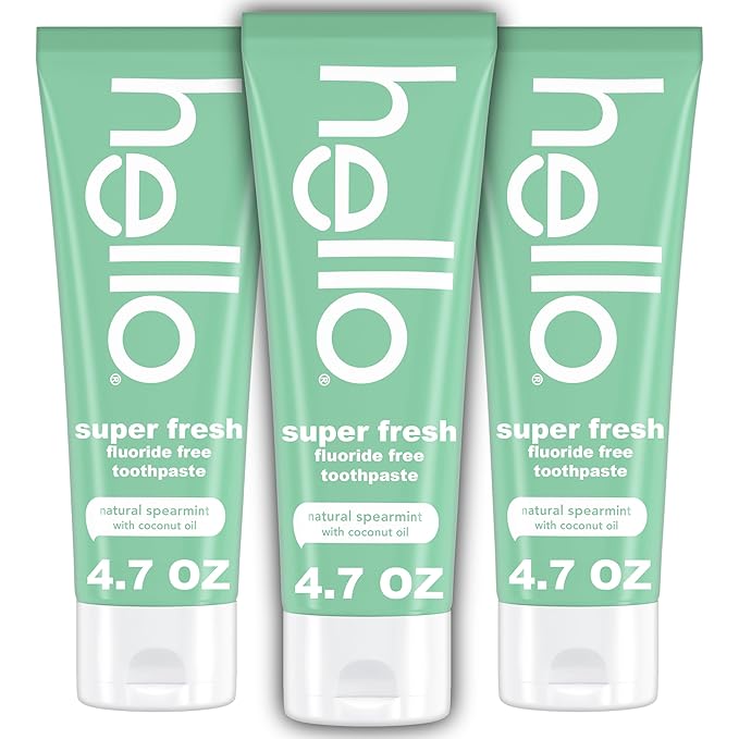 hello Super Fresh Fluoride Free Toothpaste, Toothpaste for Bad Breath, Helps Remove Surface Stains, Natural Spearmint, 3 Pack, 4.7 Oz Tubes