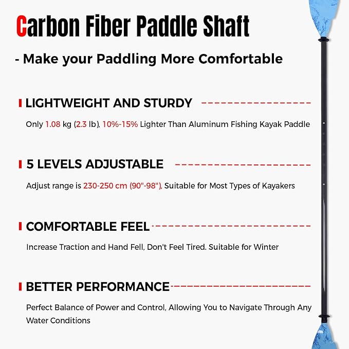 Angler Kayak Paddles Carbon Fiber Shaft and Plastic Blade, Floating Adjustable Fihsing Kayak Oars with Paddle Leash, 230-250cm/90-98 inch