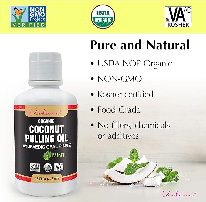 Verdana Organic Oil Pulling Mouthwash – 16 oz Mint – USDA Organic Coconut Oil Rinse for Teeth & Gums – Alcohol-Free, Fluoride-Free Natural Mouthwash for Fresh Breath & Gum Health