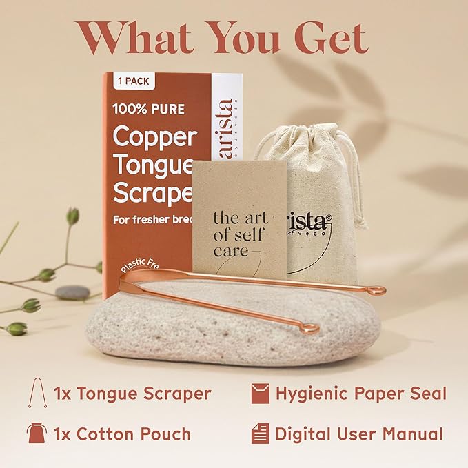 Arista Copper Tongue Scraper for Adults & Kids – 100% Pure Copper Tongue Cleaner – Extreme Bad Breath Treatment for Adults, Oral Detox & Hygiene – 1 Pack with Travel Pouch