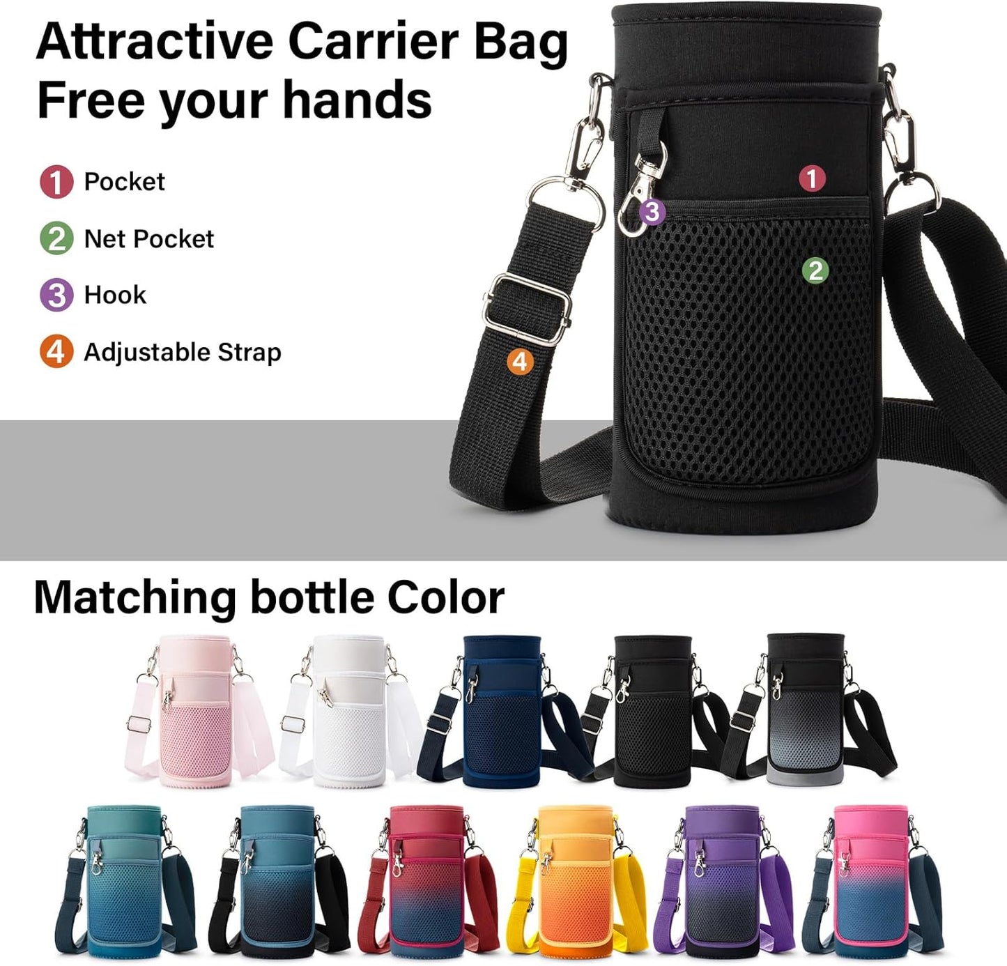 32 oz Insulated Water Bottle | Thickened Stainless Steel Vacuum Metal | Portable Sports Water Jug for Gym and Hiking with Straw, Carrier Bag, Handle Strap | BPA-Free 32 oz, Black