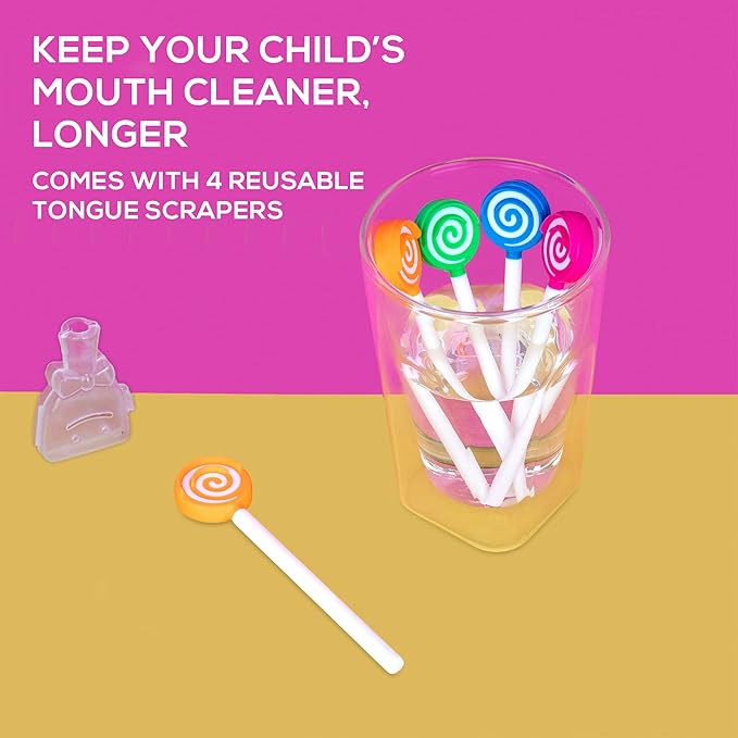 Kids Tongue Scraper or Cleaner Set – BPA-Free Plastic Dental Scrapers Helps Freshen Bad Breath, Remove Gunk – Multicolored with Easy-to-Grasp Handles and Brush Covers by 55Dental, Ages 2+ (Pink)