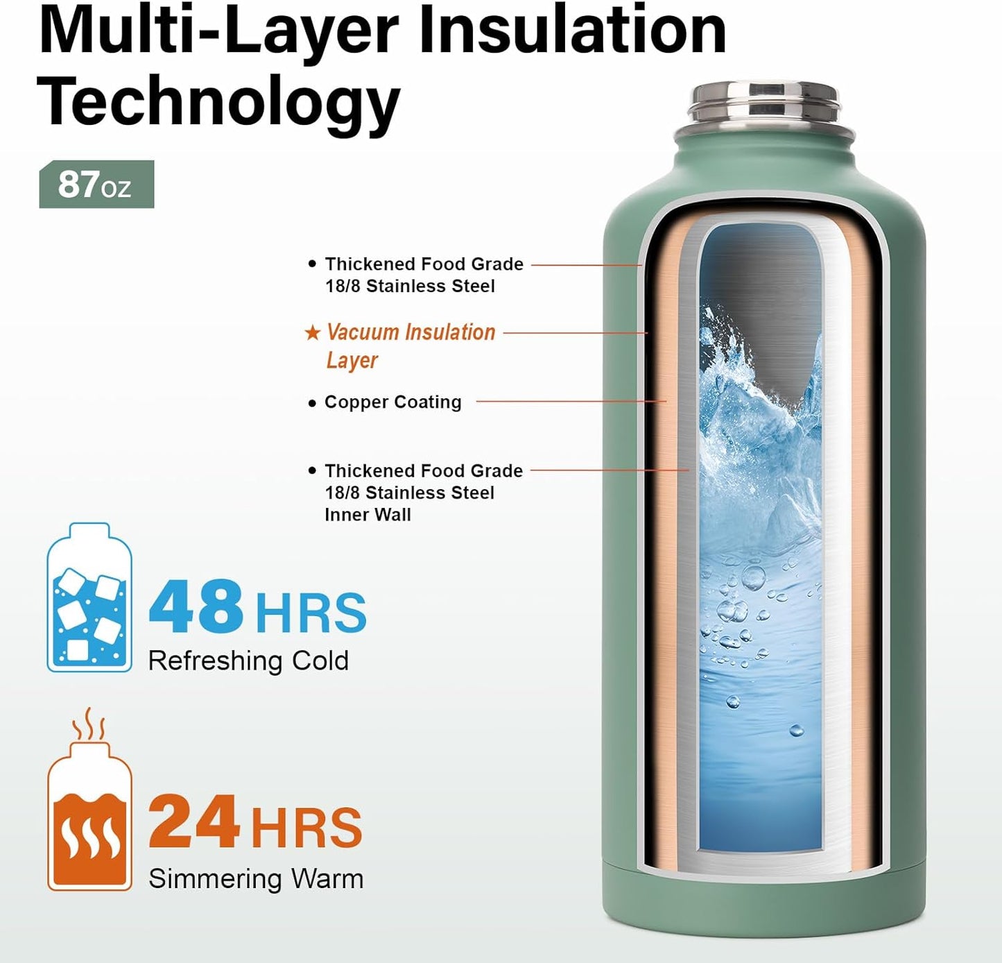 Insulated Water Bottle | Thickened Stainless Steel for Gym and Hiking with Straw, Carrier Bag, Handle Strap | BPA-Free 87 oz