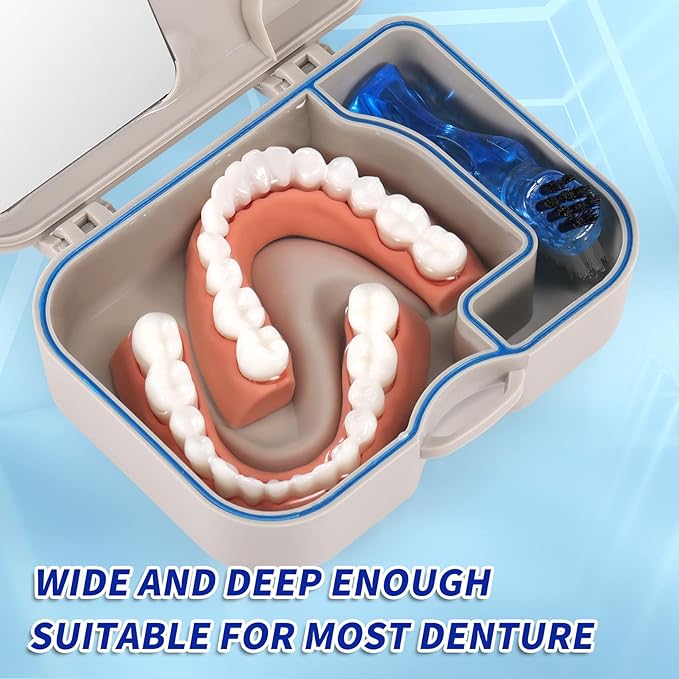 Annhua Denture Cup Bath Box Case with Mirror and Cleaning Brush, Denture Container with Brush Retainer Cleaning Case Mouth Guard Storage Soaking Cup Holder for Travel, Office, Household Use