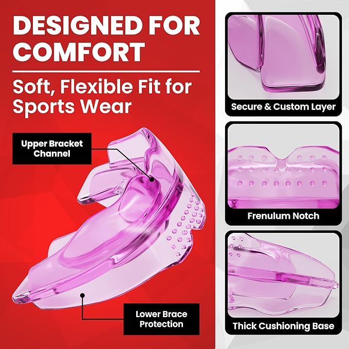 SafeGrin Pink Mouth Guard for Braces for Sports - Premium Silicone Teens & Youth Upper & Lower Teeth Protection for Sports - Football, Lacrosse, Hockey, Baseball