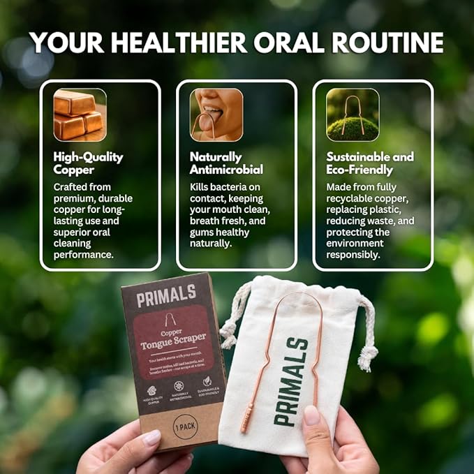PRIMALS Copper Tongue Scraper - Fresher Breath & Improved Oral Health - Natural Ayurvedic Cleaner for Daily Detox - Rust-Resistant, Eco-Friendly with Travel Cloth Pouch Included (1 Count)