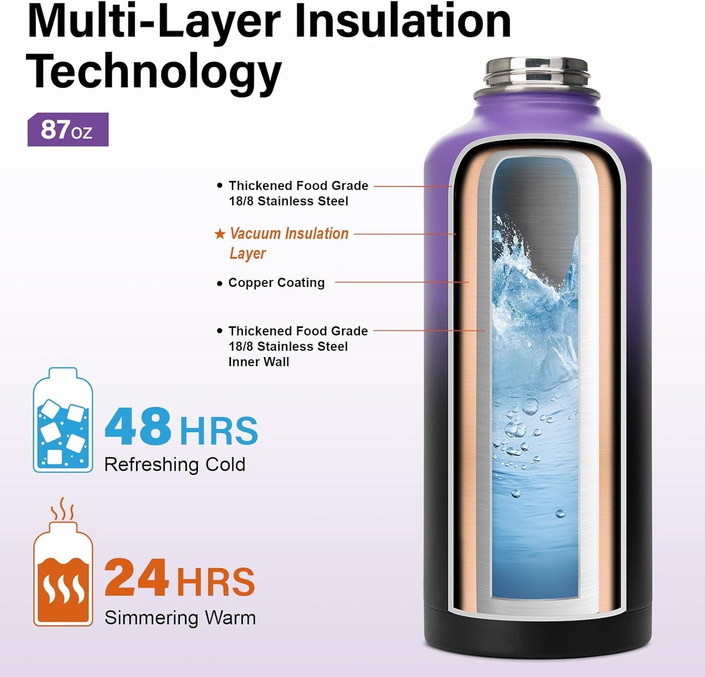 Insulated Water Bottle | Thickened Stainless Steel for Gym and Hiking with Straw, Carrier Bag, Handle Strap | BPA-Free 87 oz