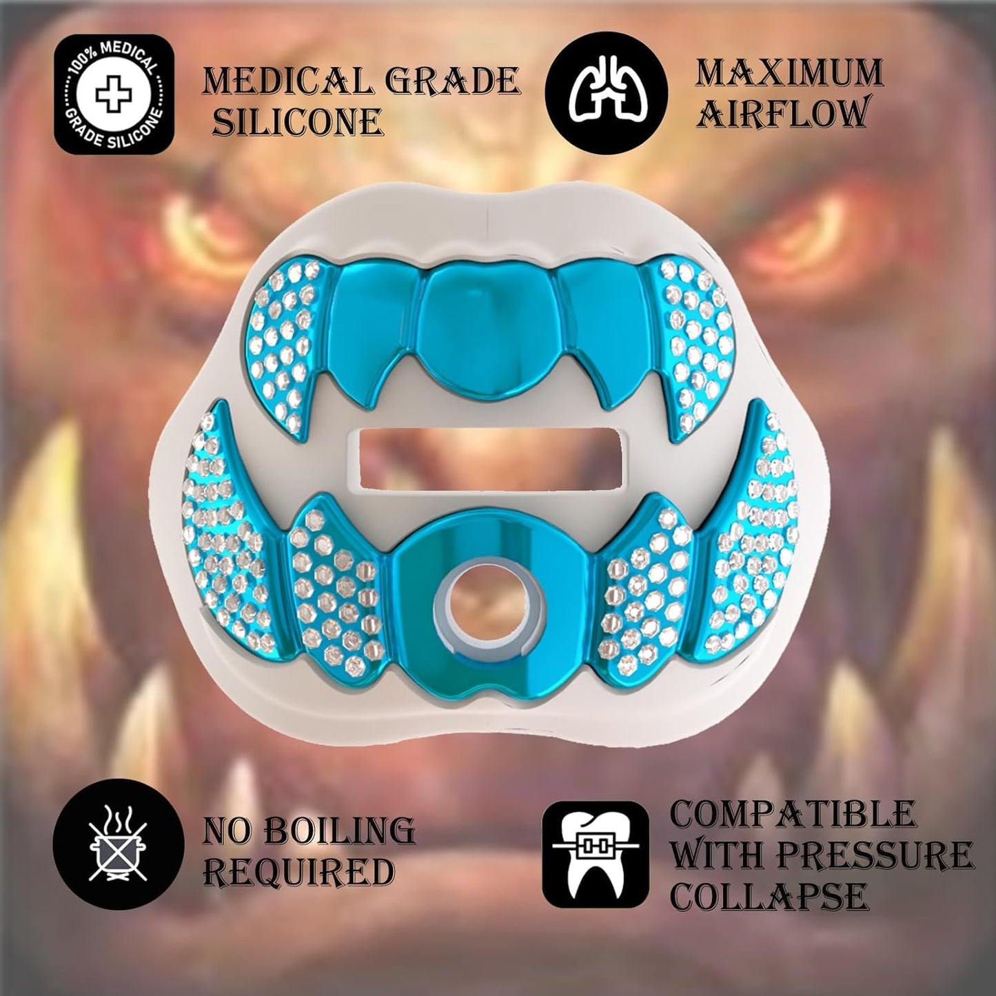 LeCool Football Mouth Guard with Connected Strap- 3D Beast Chrome Adult and Youth Mouth Guard-Mouth Piece for Sports for Maximum Air Flow and Teeth Protection