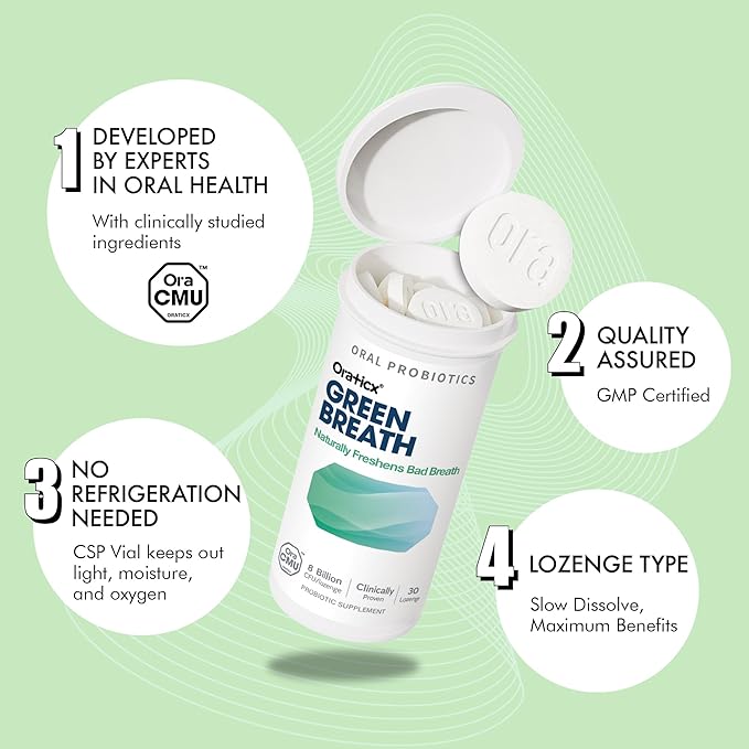 OraTicx Oral Probiotics Green Breath, Freshen Bad Breath, Dental Probiotic Supplement for Oral Health, 8 Billion CFU, Mint Flavor 30 Lozenges 2-Pack