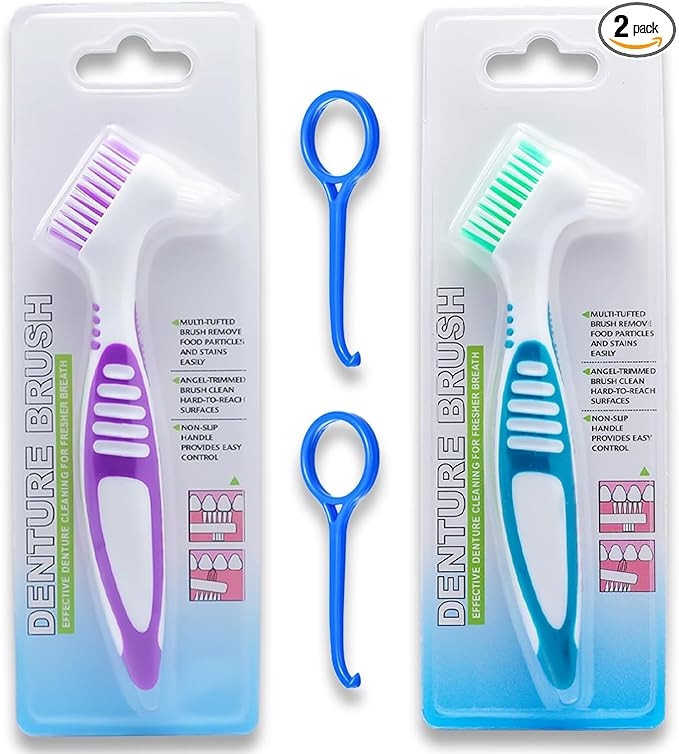 2Pcs Denture Brush Dual Head Toothbrushes False Teeth Brush Denture Cleaning Kit Toothbrush(Purple Green)