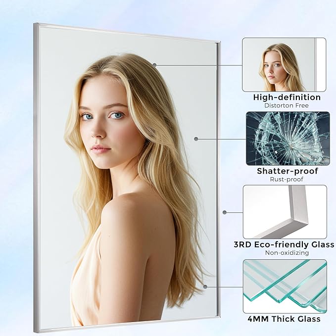 27x36 Inch Nickel Bathroom Mirror for Wall, Aluminum Frame Rectangle Rectangular Vanity Mirror, Modern Large for Bedroom, Living Room, Horizontal or Vertical
