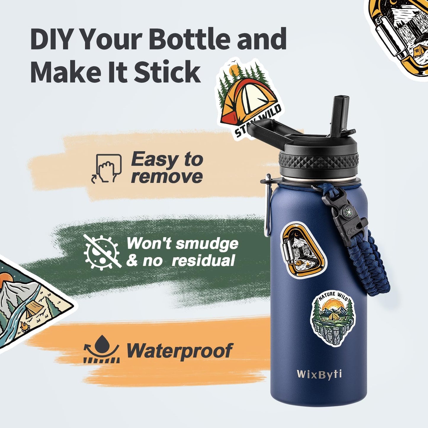 32 oz Insulated Water Bottle with Straw (Cold for 48 Hrs), Stainless Steel Triple Wall Vacuum Sports Water Jug, Leakproof Hydro Cup Flask with Paracord Handle & Straw Spout Lids & DIY Stickers