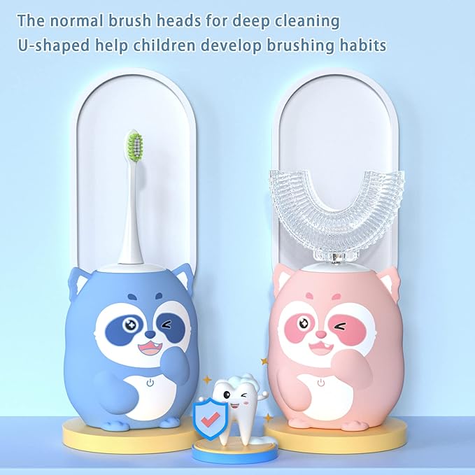 Kids Electric U Shaped Toothbrush Children Rechargeable Sonic Toothbrush with 4 Brush Heads Full Mouth 6 Cleaning Modes - (Age 2-7, Gray)