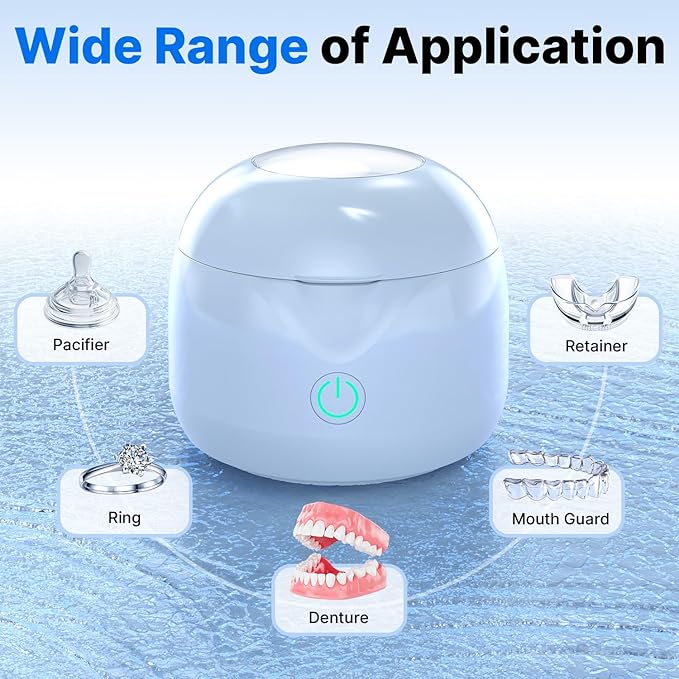 Ultrasonic Retainer Cleaner - UV Dental Cleaning Pod Night Guard Cleaner for Dentures, Aligner, Braces, Toothbrush Heads, Jewelry (Blue)