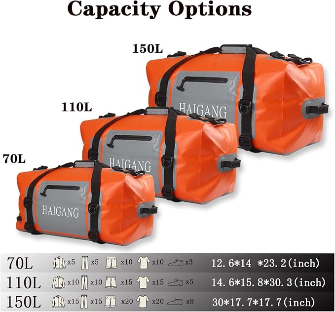 110L Waterproof Duffel Bag Travel Dry Bag, Large Capacity, Adjustable Thickened Straps and Handles, Zip Closure, Air Valve, Fully Waterproof, Perfect for Boating, Rafting, Motorcycle Kayaking