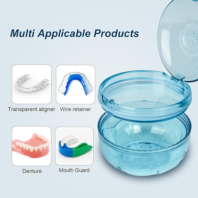 Retainer Cleaner Case,Double Layer No-Leak Denture Cup for Soaking Dentures, Denture Bath for Invisalign Aligner,Retainers,Mouth Guard,Night Guard (Blue)
