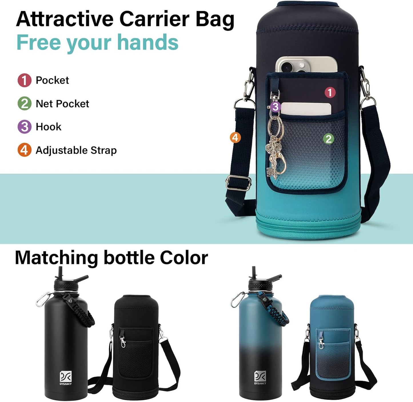 Insulated Water Bottle | Thickened Stainless Steel for Gym and Hiking with Straw, Carrier Bag, Handle Strap | BPA-Free 87 oz