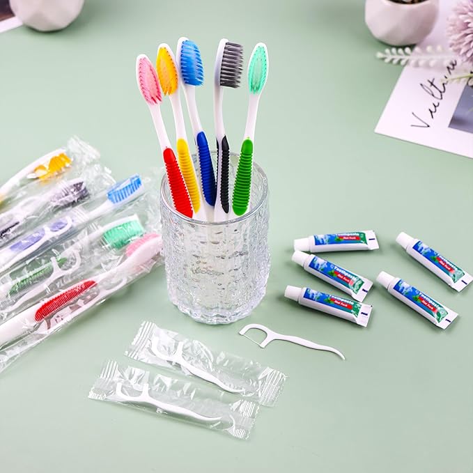 Disposable Toothbrushes with Toothpaste and Floss,30 Pcs 3 in 1 Individually Wrapped Single Use Travel Toothbrushes and Dental Floss Kit Bulk for Homeless,Guests,Dentist,Hotel(5 Colors)